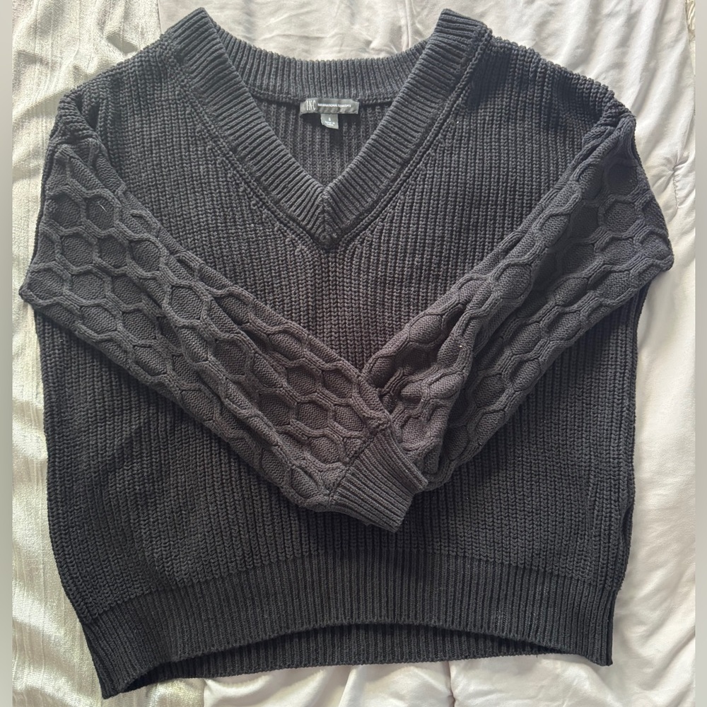 INC International Concepts Black V-Neck Sweater with Ribbed Texture
